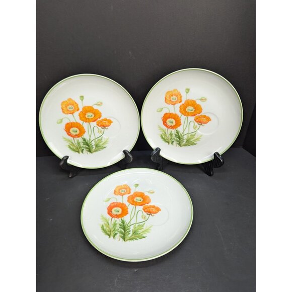 Norleans Japan 8 1/4 " Snack Plate Orange Poppy Flower Design Set of 3 No Cups - Picture 2 of 8